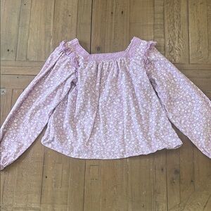 Mini Boden purple floral square neck eyelet cropped long sleeve top